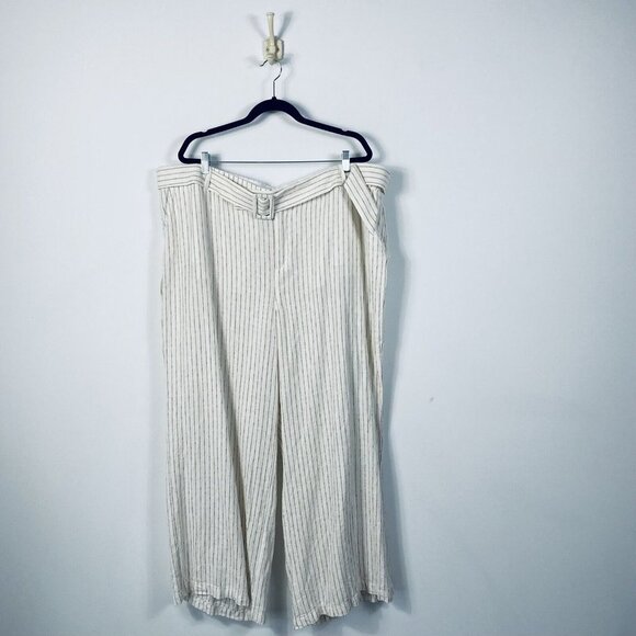 Lane Bryant Linen Blend Wide-Leg Cream & Brown Pinstripe Belted Pants Size 24 - Picture 2 of 11